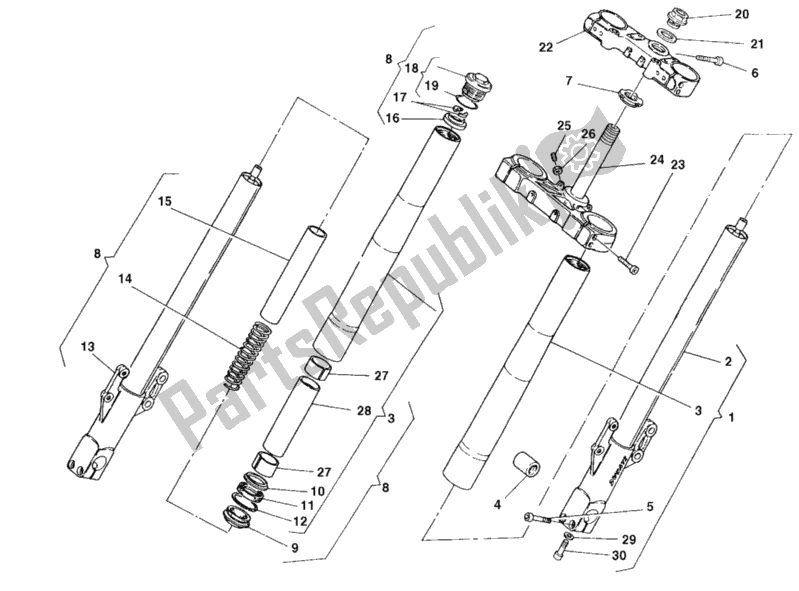 All parts for the Front Fork of the Ducati Monster 600 Dark City 1999